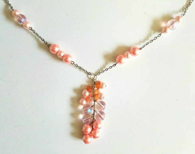 Pink Salmon Beaded Chain Dangle Necklace