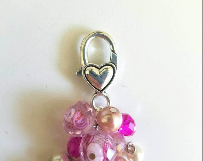Pink White Rose Glass Beaded Heart Lobster Hook Keychain