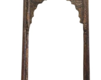 Antique Arch Columns Haveli Entrance Gate Huge Headboard Hand Carved Sun Medallion Traditional India Architectural Design 18c