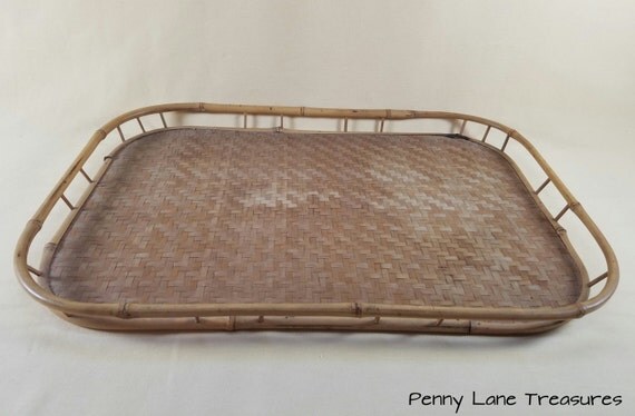 Vintage Bamboo Serving Tray Woven Boho Bedroom Decor