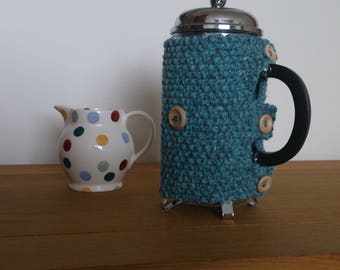 Aqua hand knitted cafetiere cosy with wooden button detail - Ready to ship
