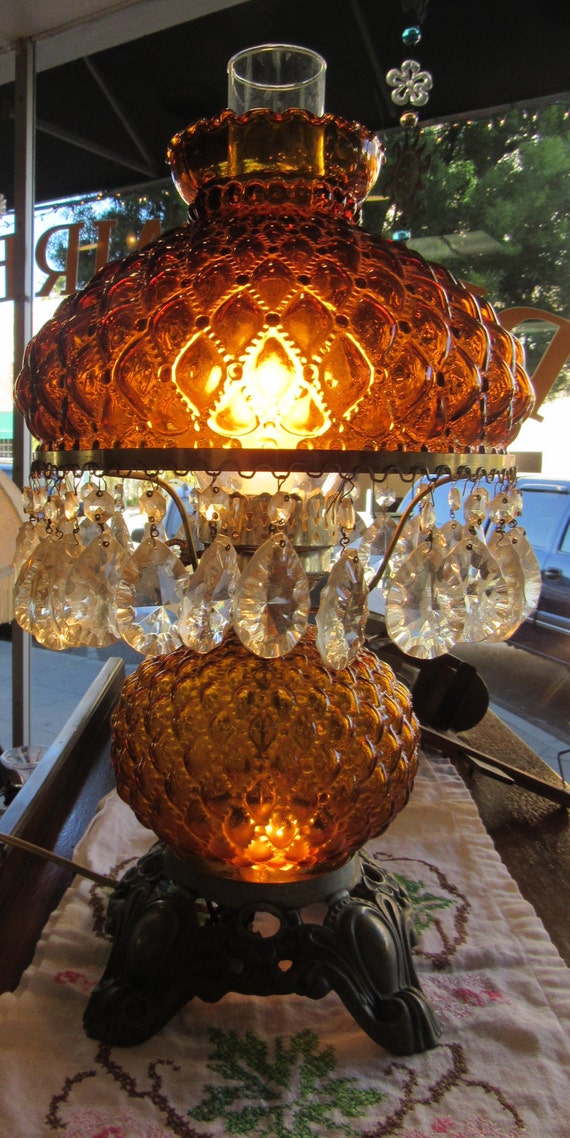 Amber Hurricane lamp Gone With The Wind with glass prisms