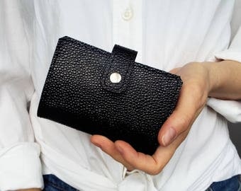 Black leather card holder for 20 cards. Leather card case. Card wallet leather. Gift under 25.