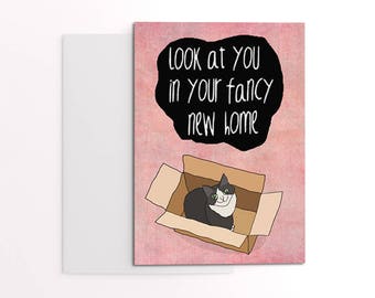 New home card for cat lover - cat in box greeting cards - cat cards for cat people - new home gift - housewarming card - funny new home.