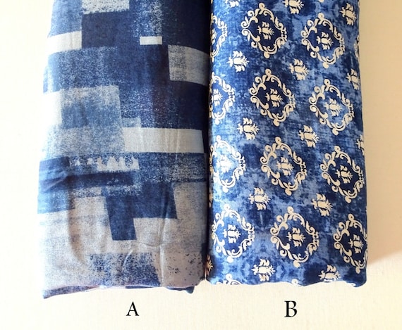 Indigo Rayon Fabric, Denim Blue rayon cotton, dress fabric, floral geometric fabric for apparel and general sewing, Half Yard