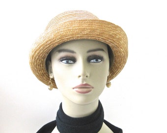 Vintage Straw Boater Hat • Black Ribbon Band • Ladies Natural Straw Bowler