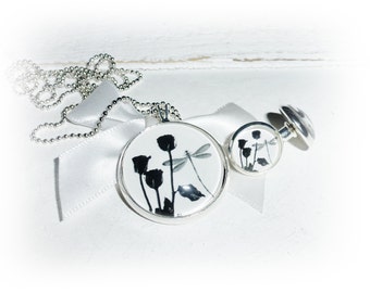 Set necklace, ear studs dragonfly, flowers