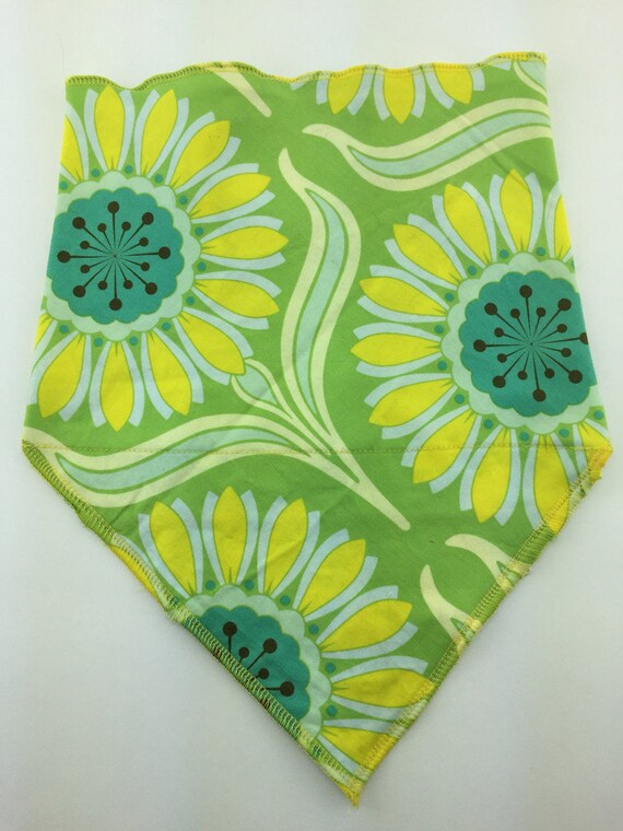 Secret Pocket Bandana in Green Cotton w/ Abstract Trippy Flowers in Blue, Periwinkle, Aqua, Yellow