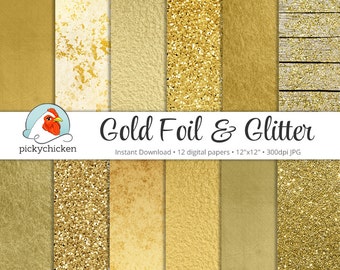 Gold Digital Paper - Gold Foil Paper & Gold Glitter Paper faux gold digital paper photography backdrop Instant Download 8062