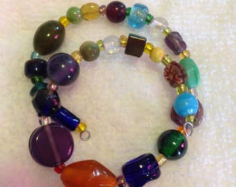 Memory Wire Bracelet Fits all wrist sizes Glass Beads blue green orange white clear purple#700