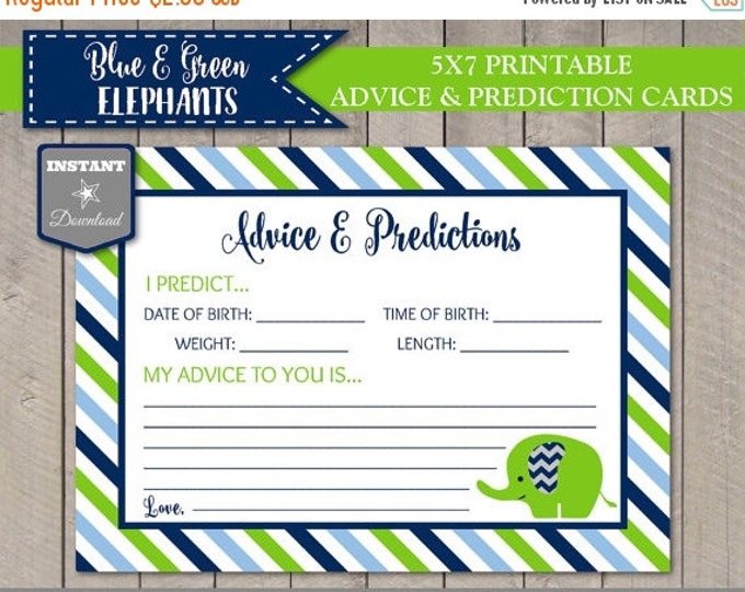 SALE INSTANT DOWNLOAD Blue and Green Elephant Baby Shower Printable 5x7 Advice and Predicitions Cards / Games & Activities / Item #2610