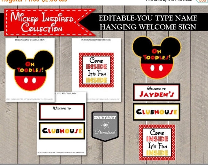 SALE INSTANT DOWNLOAD Editable Mouse Hanging Welcome Party Sign / You Type Name / Classic Mouse Collection / Item #1541