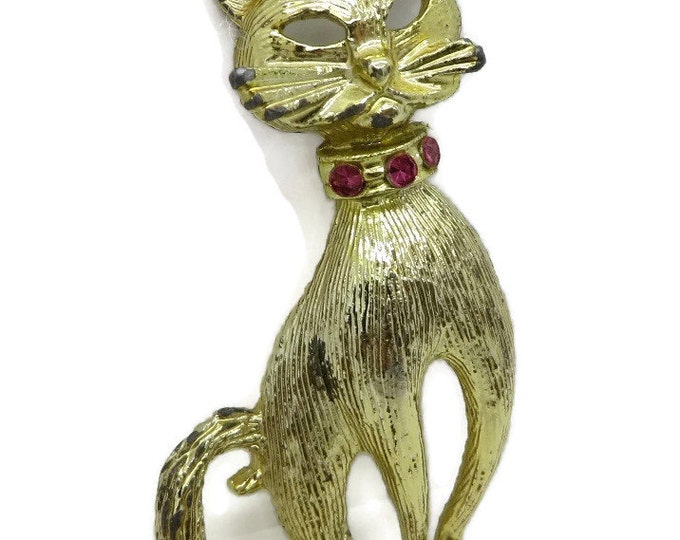 Gold Cat Brooch, Vintage Gold Tone Kitty Pin, Rhinestone Studded Pin, Kitty Kat Pin, Gift Idea