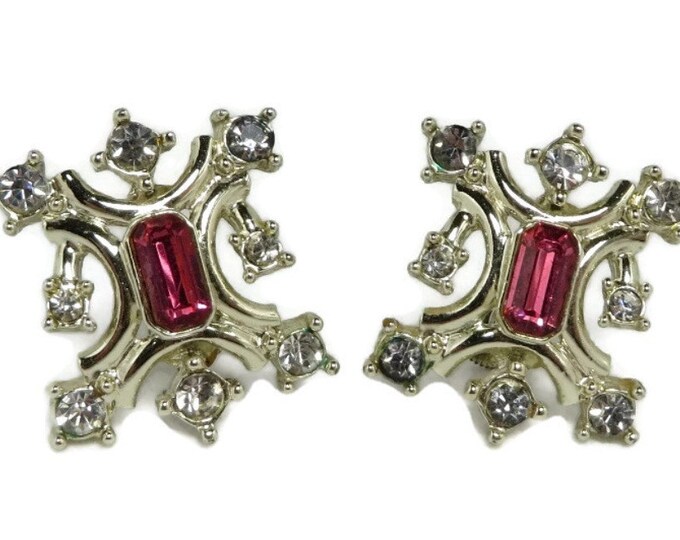 Pink Rhinestone Jewelry Set - Vintage Duane Necklace, Earrings Set, Silver Tone Demi Parure, Holiday Gift