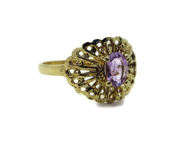 Vintage Amethyst Cocktail Ring, Sterling Silver, Gold Plated Filigree Ring, Size 8.25-8.5