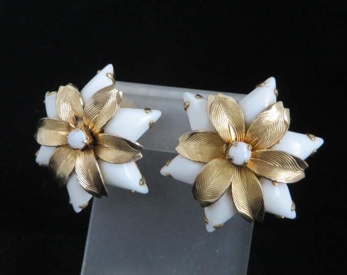 Weiss Glass Earrings, Vintage White and Gold Flower Earrings, Signed Weiss Clip-on Earrings