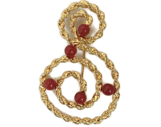 ON SALE! AVON Large Gold Tone Red Bead Brooch, Vintage Spiral Design Pin