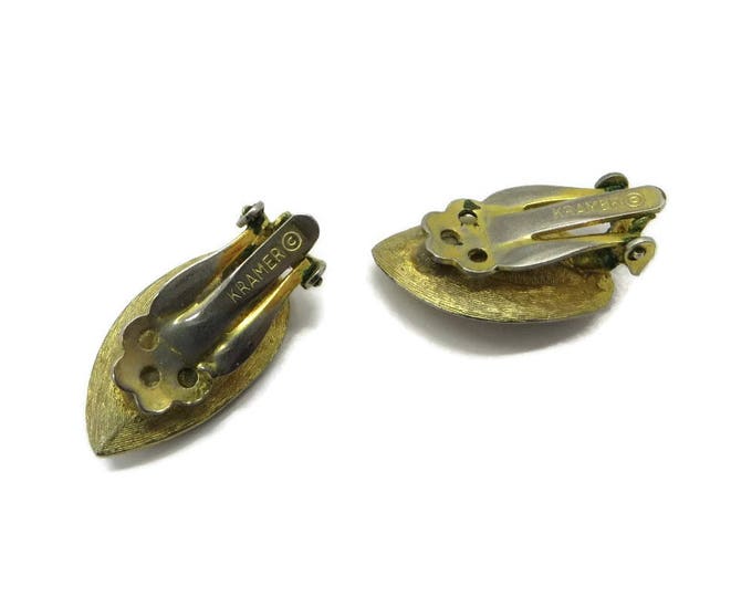 Vintage Kramer Earrings - Amber Rhinestone Gold Tone Modernist Clip-ons, Estate Runway Bridal Jewelry Gift Idea