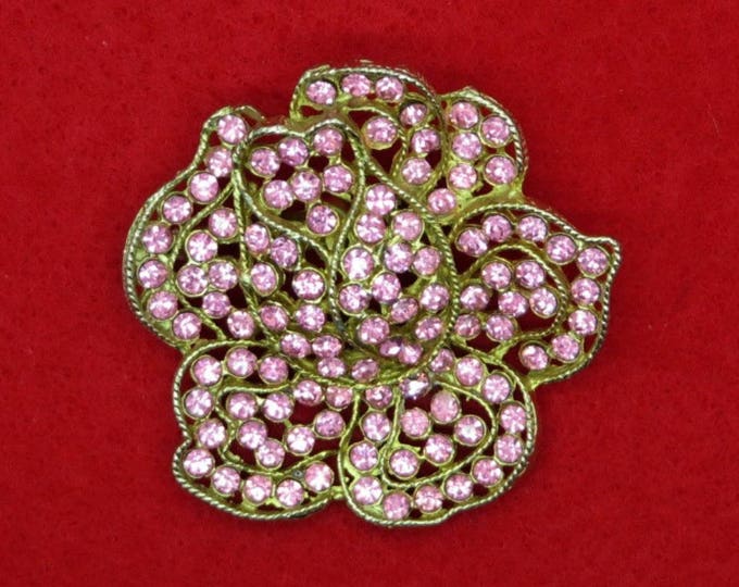 WEISS Pink Rhinestone Brooch Vintage Designer Signed Gold Tone Flower Pin Estate Runway Gift Idea