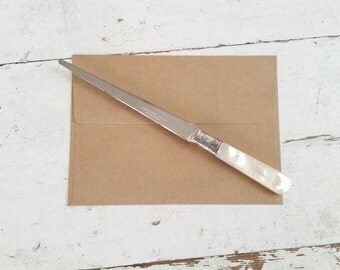 LETTER OPENER ~repurposed antique dinner knife ~ Mother of Pearl ~ silver vine repousse
