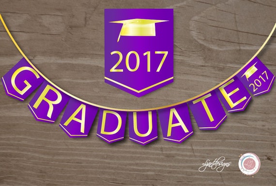 Purple And Gold Digital Graduation Bunting Flags, Graduate Banner, Cap 