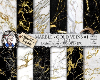 Marble Digital Paper, white / black marble with gold veins, marble textures, marble backgrounds, Printable, photography, marble back drops