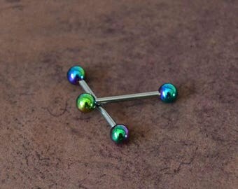 Nipple Barbells, Nipple Bars, 316L Surgical Steel, Rainbow Titanium Plating, 14gauge, Straight Barbell, Nipple Ring, Nipple Piercing