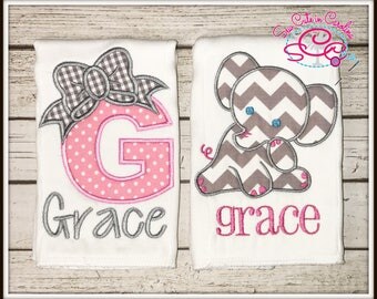 Personalized Elephant and Monogrammed Burp Cloths Set