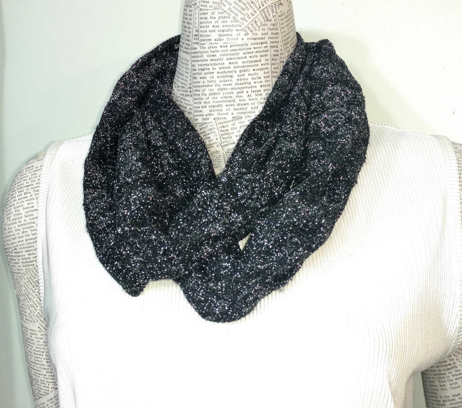 Lightweight blingy black infinity scarf. Machine serged for