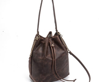 Brown leather Bucket bag, Leather bucket bag, Leather shoulder bag, Dark brown bag, Cross body bucket bag, Free Shipping!
