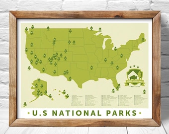 National Park Map, Print Outdoors Wall Art Hiking Art Print, Explorer map print, green home decor