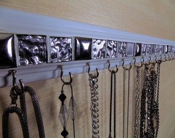 Jewelry organizer .This necklace holder silver glass mosaic tile design is 30" w/ 18 hooks.Necklace organizer jewelry storage