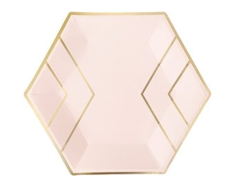 Blush Pink & Gold Paper Plates - Dinner - Hexagon Foil - Wedding Bridal Shower Bachelorette Party First Birthday Ideas - Nude Peach One Rose