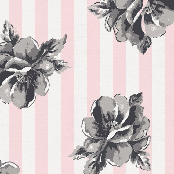 Pink and Gray Floral Stripe Fabric By The Yard Girl