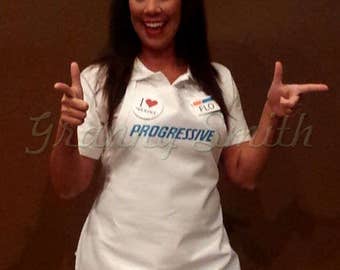 Adult "FITTED" and NOT "one size fits most" Flo Progressive Insurance Apron, Name Badge + Pin + Headband. Ask for kids sizes!