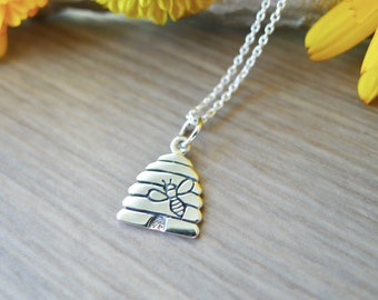 Bee Necklace, Sterling Silver, Beehive Necklace, Bee Jewelry, Silver Beehive, Beehive Pendant, Little Beehive, Save the Bees, Bee Hive