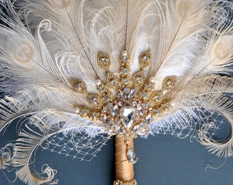 Gold Bridal brooch Bouquet Ostrich Big alternative Feather Fan Bridal Bouquet Ivory Great Gatsby 1902s art deco wedding Roaring 20's bouquet