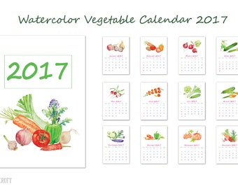 2017 Calendar printable - watercolor vegetables monthly calendar - 8" x 11.5" digital instant download scrapbook kitchen calendar