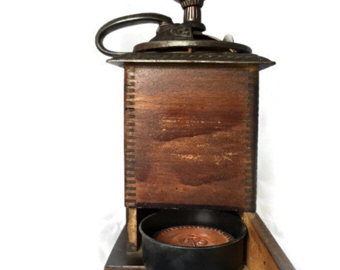 Antique COFFEE GRINDER Wooden Base with Door and Tray - Iron Top Handle and Crank - Vintage Home Decor,