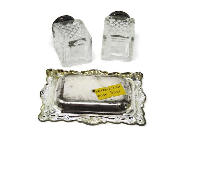 Vintage Salt and Pepper Shakers - Cut Glass Shakers- Silver Plated Tray Vintage Silver Plate Cut Glass Salt Shaker Pepper Shaker Mid Century