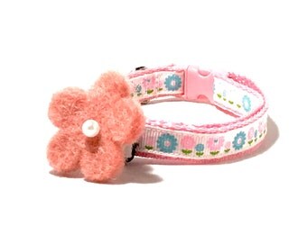 SALE!!! Pink Flower Dog Collar, Pink Flower Cat Collar, Pink Collar with Felt Flower Bow, Collar with Matching Flower Bow, Pink Cat Collar