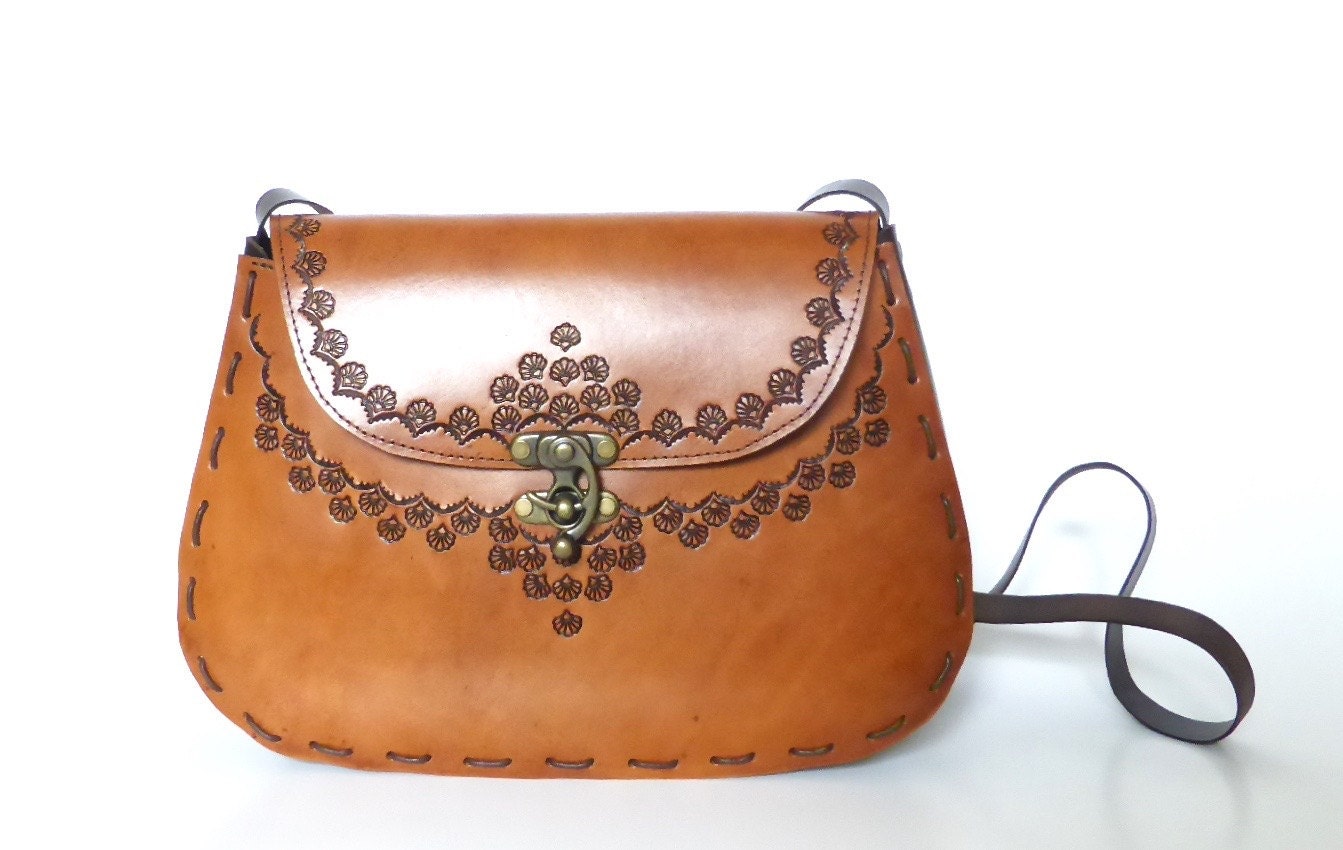 Tooled Leather Bag Handmade Leather Purse Antique Whiskey