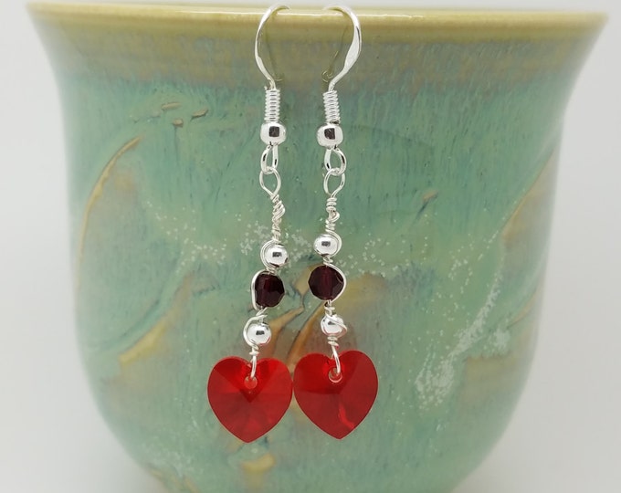 Red Crystal Heart Earrings, red love heart earrings, Swarovski crystal red heart earrings, red heart earrings for women, red love heart