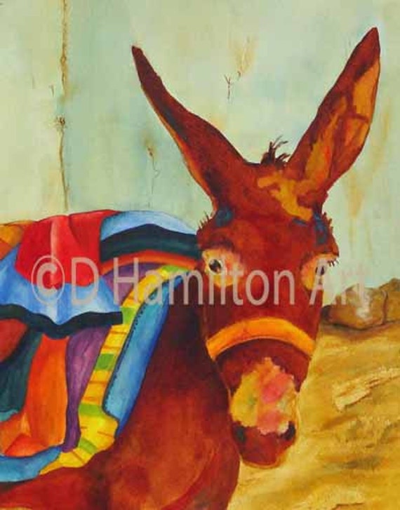 Donkey Watercolor Painting Colorful Donkey Donkey by DHamiltonArt