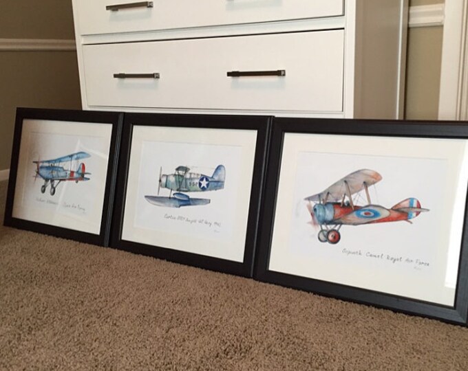Airplane decor Set of FOUR prints for boys nursery Vintage military propeller airplanes Aviation decor Baby boy room wall art