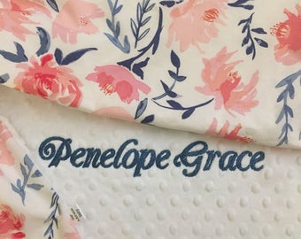 Blush Floral Baby Blanket | Personalized Baby Blanket | Name Baby Blanket | Rose Baby Blanket | Floral Blanket