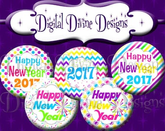 Happy New Year 2017 - 1 inch round digital graphics - Instant Download