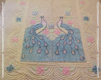 Chenille bedspread, pastel peacock, vintage, never used with no issues, 76" x 109" baby blue peacocks with flowers