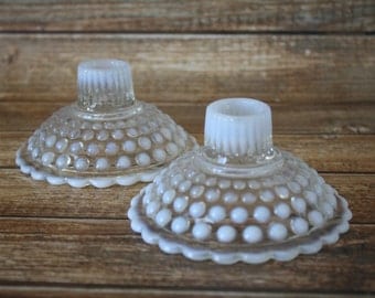 Anchor Hocking Moonstone Opalescent Hobnail Candle Holders - Set of 2