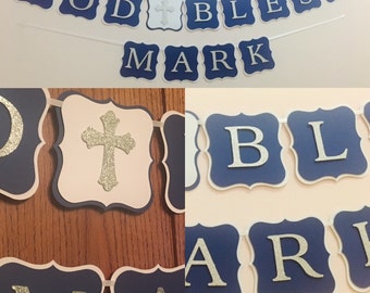 God Bless Banner, Baptism banner, communion banner, christening banner, navy blue and silver banner, boy banner, christening decor